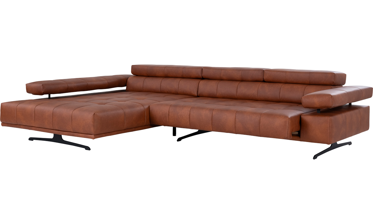 RAIMO sofa in red brown leather by ADA Möbel with neck adjustment and pull-out bench