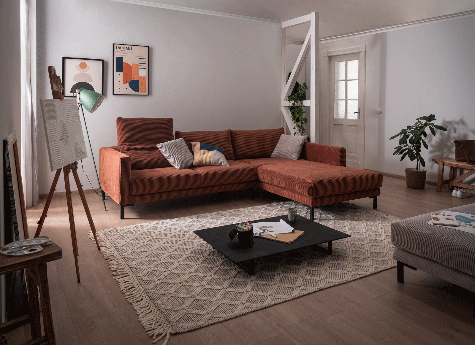 Couch VALENTINO in rostbraun und Cord von ADA Möbel